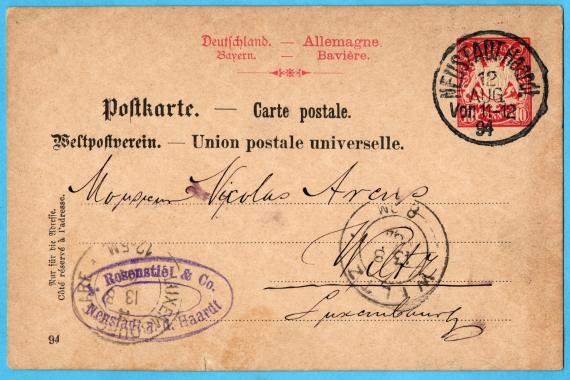 Postkarte von " J. Rosenstiel & Co , Neustadt a.d.Haardt " - versandt am 12. August 1894  