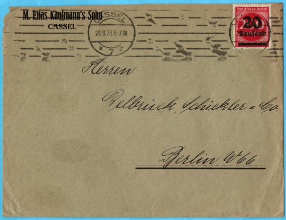 Briefumschlag - M. Elias Kaufmann´s Sohn Envelope of the banking business " M. Elias Kaufmann's Sohn, Cassel " - sent on August 29, 1923