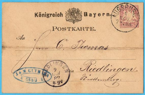 Postkarte geschäftlicher Art von " J. & M. Gutmann, Augsburg " - versandt am 8. November 1882 