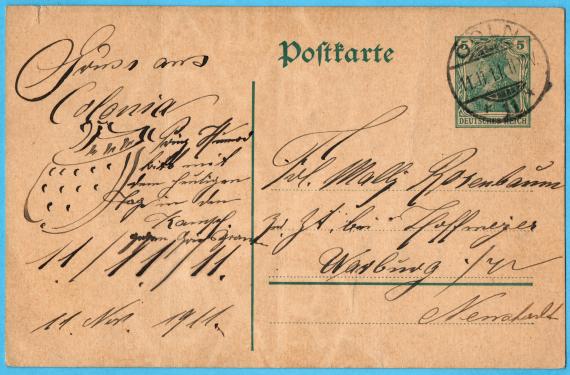 Postcard of private nature to Miss " Wally Rosenbaum ", currently with " Hoffmeyer ", Warburg, Neustadt - mailed 11.11.1911