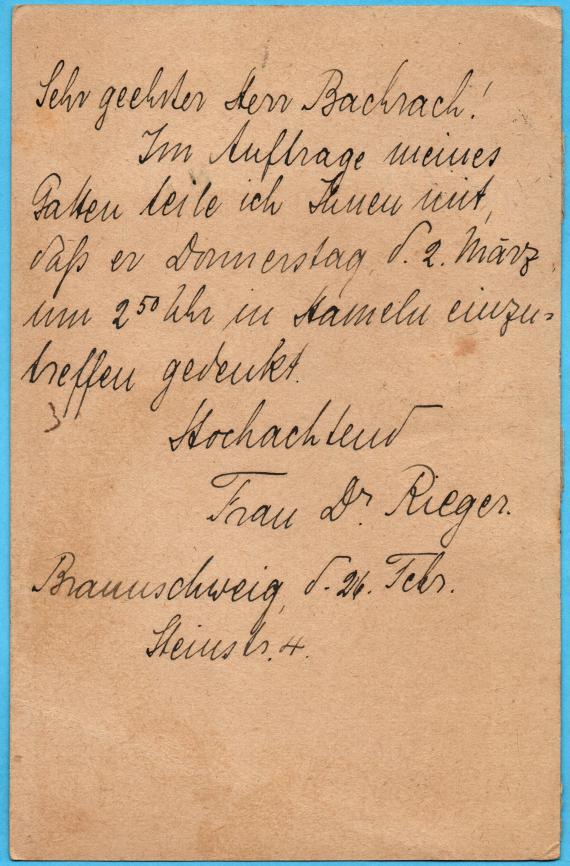 Postcard from " Frau Dr. Rieger, Braunschweig, Steinstraße 4 " to " Herr J. Bachrach " in Hameln - mailed February 26, 1922 - back of card