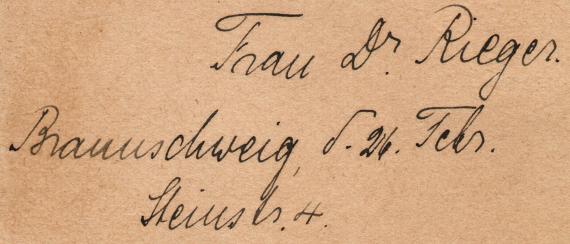 Postcard from " Dr. Rieger, Braunschweig, Steinstraße 4 " to " Mr. J. Bachrach " in Hameln - mailed on February 26, 1922 - detail enlargement return address