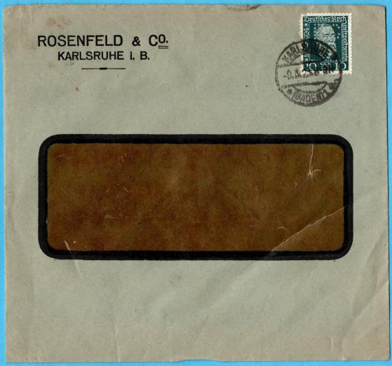 Firmen-Briefumschlag " Rosenfeld & Co. - Karlsruhe " - versandt am 9. Oktober 1925  