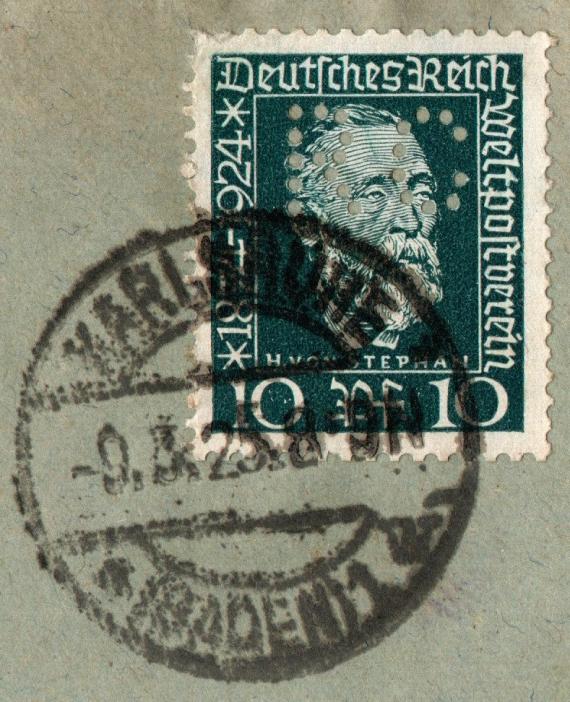 Perfin stamp of the company Rosenfeld & Co. - Perfin - abbreviation for " Perforated Initials ". - Mostly the initial letters of the company or symbols were used for this purpose. Perforations served mainly as protection against theft. Companies, departments and authorities with a large stock of stamps marked their stamps this way. This made them unusable for private use by employees and staff.