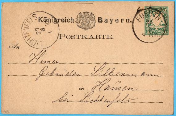 Postkarte geschäftlicher Art von " Adolf Wassermann, Fürth " - versandt am 27. März 1877 