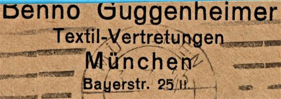 Briefumschlag von " Benno Guggenheimer, Textil-Vertetungen, München, Bayerstraße 25 II " - versandt am 3. März 1923 - Ausschnittvergrößeung Adresse