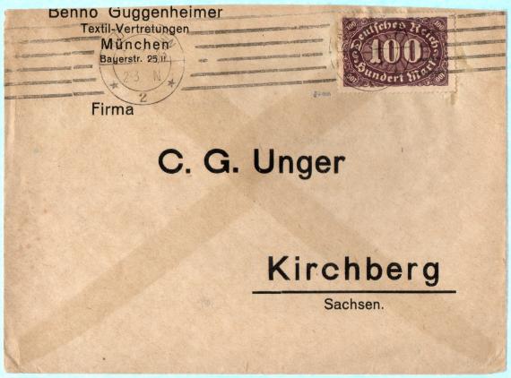 Envelope from " Benno Guggenheimer, Textil-Vertetungen, München, Bayerstraße 25 II " - mailed March 3, 1923