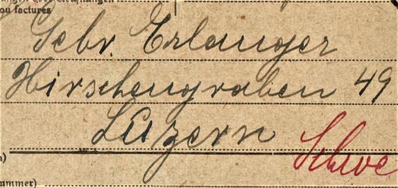 Paketkarte mit Zollquittung an " Gebrüder Erlanger, Hirschengaben 49, Luzern " - versandt am 20. Dezember 1932 - Ausschnittvergrößerung Empfänger-Adresse