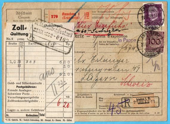 Parcel card with customs receipt to " Gebrüder Erlanger, Hirschengaben 49, Luzern " - sent on December 20, 1932