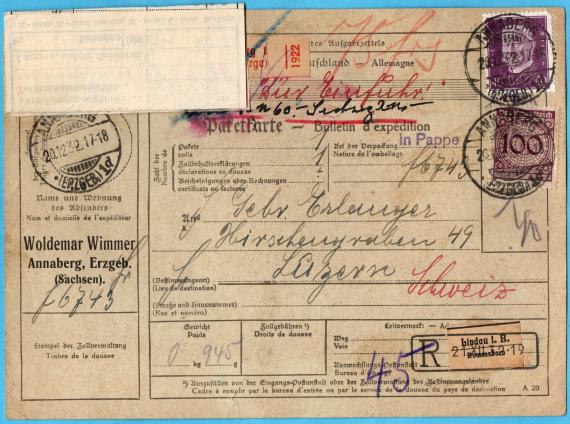 Paketkarte mit Zollquittung an " Gebrüder Erlanger, Hirschengaben 49, Luzern " - versandt am 20. Dezember 1932 - mit nach oben geklappter Zollquittung