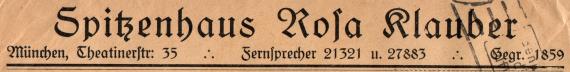 Geschäftsbriefumschlag " Spitzenhaus Rosa Klauber, München, Theatinerstraße 35 " - versandt 1927 - Ausschnittvergrößerung Geschäftsadresse