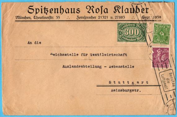 Briefumschlag - Rosa Klauber Geschäftsbriefumschlag " Spitzenhaus Rosa Klauber, München, Theatinerstraße 35 " - versandt 1927