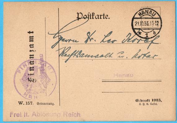 Postkarte geschäftlicher Art an Herrn " Dr. Leo Koref, Rechtsanwalt und Notar " in Hanau, - versandt am 21.Oktober 1933 