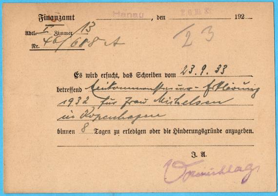 Postkarte geschäftlicher Art an Herrn " Dr. Leo Koref, Rechtsanwalt und Notar " in Hanau, - versandt am 21.Oktober 1933 - Kartenrückseite