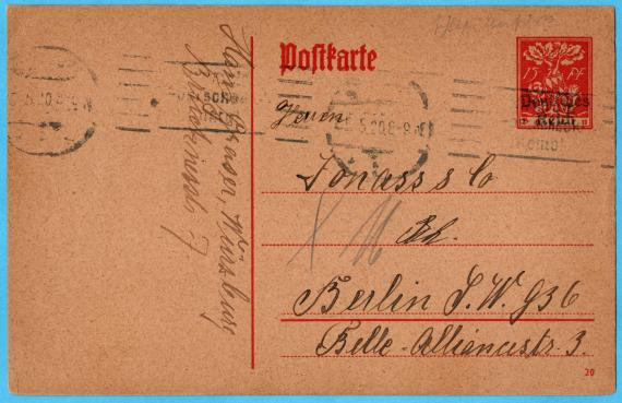 Postkarte geschäftlicher Art an " Herren Jonass & Co., Berlin S.W., Belle Alliancestr. 3. - versandt am 5. Mai 1920 