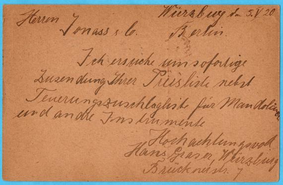 Postkarte geschäftlicher Art an " Herren Jonass & Co., Berlin S.W., Belle Alliancestr. 3. - versandt am 5. Mai 1920  -  Kartenrückseite