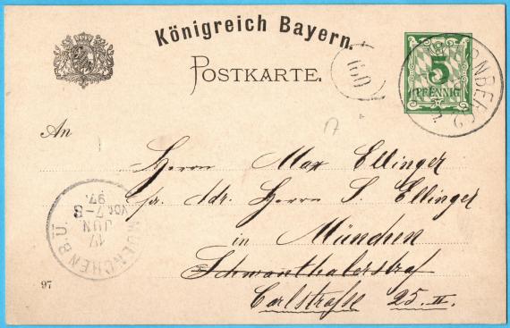 Picture postcard XII. German National Shooting Nuremberg 1897 - written to " Mr. Max Ellinger, pa. Address Hern S. Ellinger, München,Carlstraße 25 II - mailed on June 16, 1897