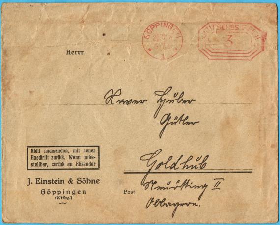 Envelope - " J. Einstein & Söhne" , Göppingen - mailed on October 20, 1926