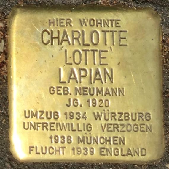 Stumbling stone for Charlotte Lotte Lapian, née Neumann - Stumbling stone laying on May 30, 2023 in Feuchtwangen