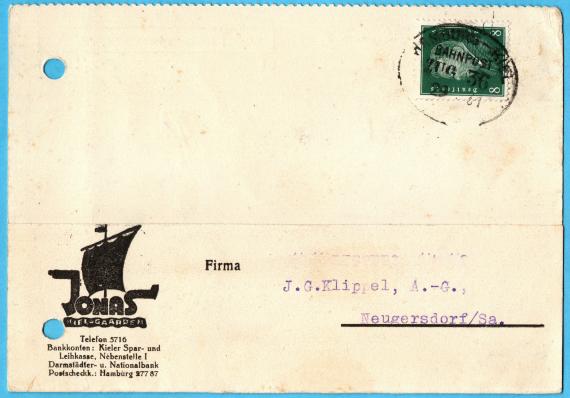 Business postcard from Wilh. Jonas, Kiel - Gaarden, Augustenstraße 46, - sent on July 29, 1931