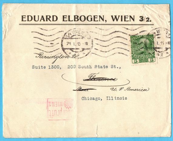 Envelope " Eduard Elbogen, Vienna 3/2. " - sent on January 21, 1915 to Chicago, Illinois