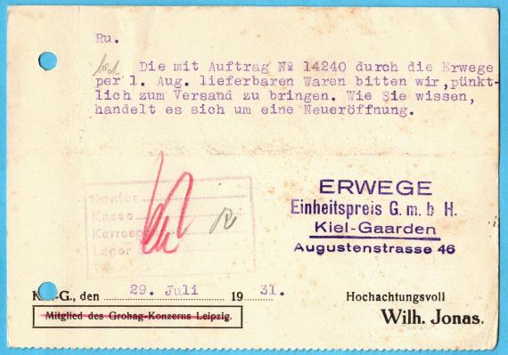 Business postcard from Wilh. Jonas, Kiel - Gaarden, Augustenstraße 46, - sent on July 29, 1931 - back of card