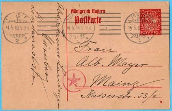 Postcard of a private nature to Mrs. Albert Mayer, Mainz, Kaiserstraße 53/II - sent on May 14, 1919