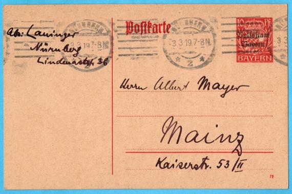 Postkarte privater Art an Herrn Albert Mayer, Mainz, Kaiserstraße 53/II - versandt am 3. März 1919