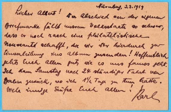 Postcard of a private nature - sent on March 3, 1919 from Karl Lauinger, Nuremberg, Lindenaststraße 36 to Mr. Albert Mayer in Mainz - back of card