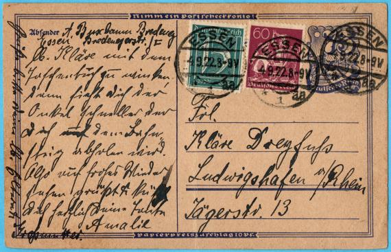 Postkarte privater Art an Frl. Kläre Dreyfuß, Ludwigshafen am Rhein, Jägerstraße 13 - versandt am 4.September 1922