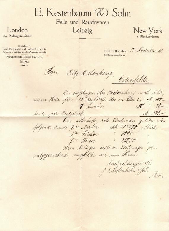 Business letter - " E. Kestenbaum & Sohn, Leipzig " - sent on November 14, 1921