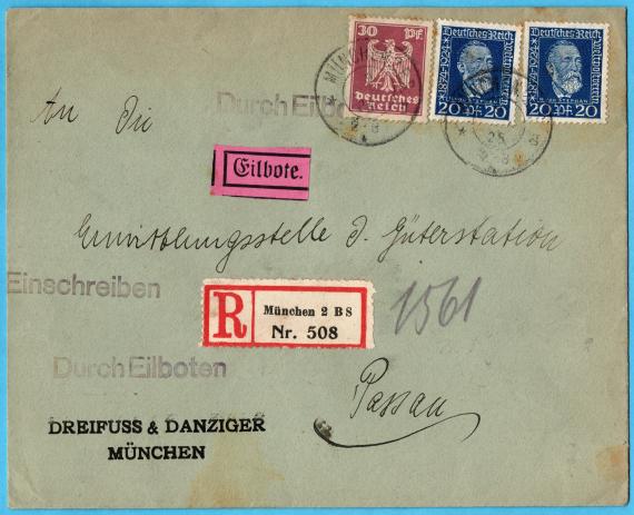 Eil- und Einschreiben-Brief " Dreifuss & Danziger, München " - versandt am 9. Juni 1925  