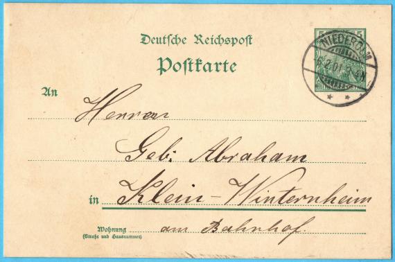 Postkarte geschäftlicher Art an "  Herren Gebr. Abraham, Klein-Winternheim, Am Bahnhof " - versandt am 6. Februar 1901