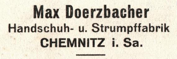 Geschäftspostkarte der " Handschuh- und Strumpffabrik Max Doerzbacher, Chemnitz i. Sa. " - versandt am 16. August 1922 - Ausschnittvergrößerung Firmenname