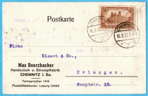 Geschäftspostkarte der " Handschuh- und Strumpffabrik Max Doerzbacher, Chemnitz i. Sa. " - versandt am 16. August 1922 