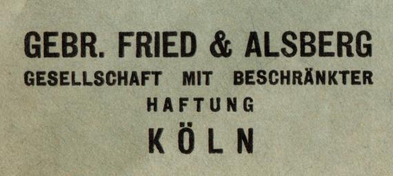 Geschäftsbriefumschlag " Gebr. Fried & Alsberg, Köln " - versandt am 10. Oktober 1933 an die Hermann Moos AG in Buchau a. Federsee - Ausschnittvergrößerung Geschäftsnamen