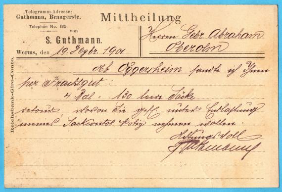 Postkarte - S. Guthmann Business postcard " S. Guthmann, Worms a. Rh." - sent on December 19, 1901 to Mr. " Gebrüder Abraham " in Ober-Olm - back of card