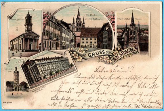 Historical picture postcard of Ansbach (lithograph) to Mr. Hermann Stern, per address Mr. Samuel Stern, tannery owner in Feuchtwangen near Ansbach - sent on October 5, 1898 - picture side of the card