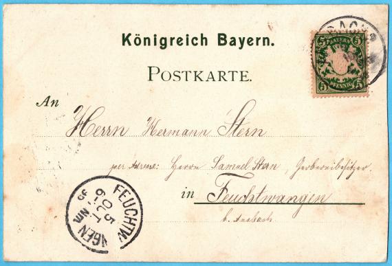Historische Ansichtskarte von Ansbach - Josef Wachsmann Historical picture postcard of Ansbach (lithograph) - sent on October 5, 1898 to Feuchtwangen by Josef Wachsmann - address - address page