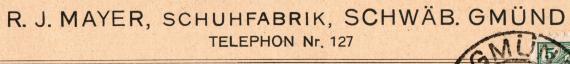 Geschäftspostkarte der " Schuhfabrik R.F.Mayer, Schwäbisch Gmünd " - versandt am 23. Mai 1919 - Ausschnittvergrößerung Firmenname