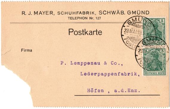 Business postcard of " Schuhfabrik R.F.Mayer, Schwäbisch Gmünd " - sent on May 23, 1919