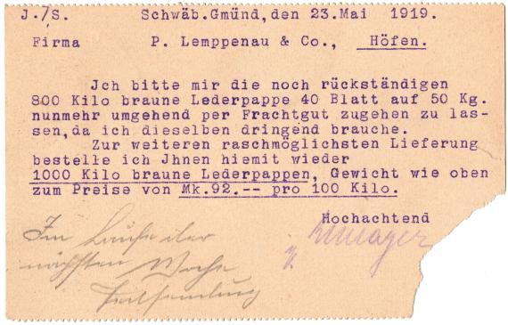 Geschäftspostkarte der " Schuhfabrik R.F.Mayer, Schwäbisch Gmünd " - versandt am 23. Mai 1919 - Kartenrückseite