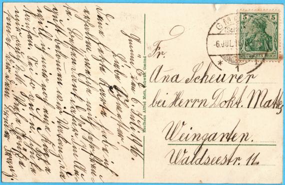 Historische Ansichtkarte Schwäbisch Gmünd - Stationen am Salvator - versandt am 6. Juli 1916 -  Kaufhaus Alfred Meth - Kartenrückseite