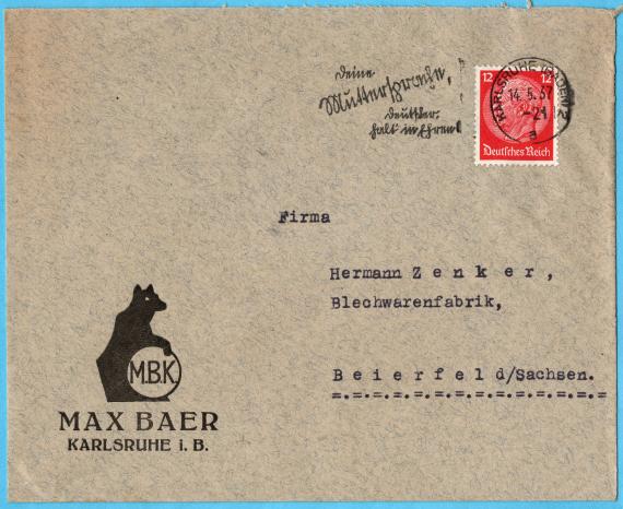 Geschäftsbriefumschlag " Max Baer, Karlsruhe " - versandt am 14. Mai 1937  