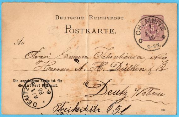 Postcard of a private nature to Mrs. Emma Ichenhäuser, address Mr. A. H. Dülken & Co, Deutz / Rhine, Freiheitstraße 65 - sent on January 5, 1886