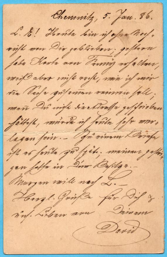 Postkarte privater Art an Frau Emma Ichenhäuser, Adresse Herrn A. H. Dülken & Co, Deutz / Rhein, Freiheitstraße 65 - versandt am 5. Januar 1886 - Kartenrückseite