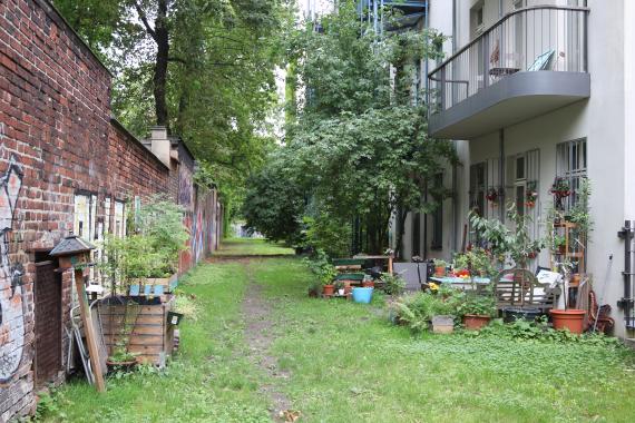 Grass-covered path between wall and residential buildings