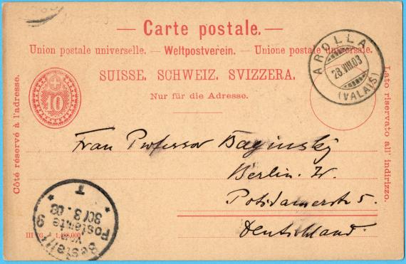 Postkarte privater Art an Frau Professor Baginsky, Berlin - W. Potsdamerstraße 5, - versandt am 28. August 1903 