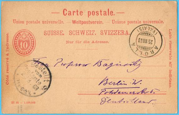 Postcard of a private nature to Professor Baginsky, Berlin - W. Potsdamerstraße 5, - sent on August 25, 1903