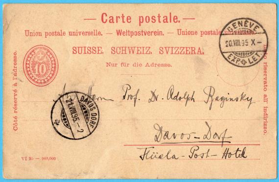 Postkarte privater Art an Herrn Prof. Dr. Adolph Baginsky, Davos - Dorf, Flüela - Post - Hotel, - versandt am 20. August 1895